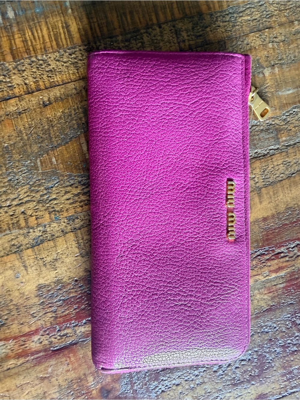 Miu Miu Fuchsia Pebbled Leather Zip Wallet with Gold Hardware